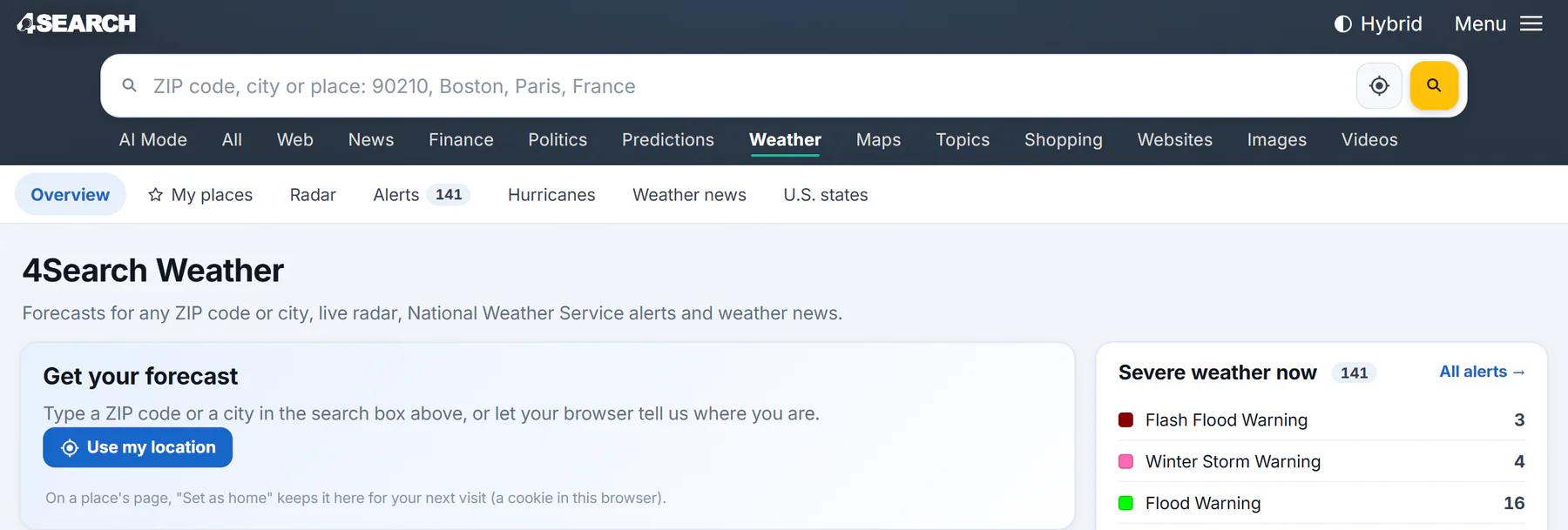 The top of the Weather overview: the place search box with its Use my location button, the Weather sections row, and the Get your forecast box